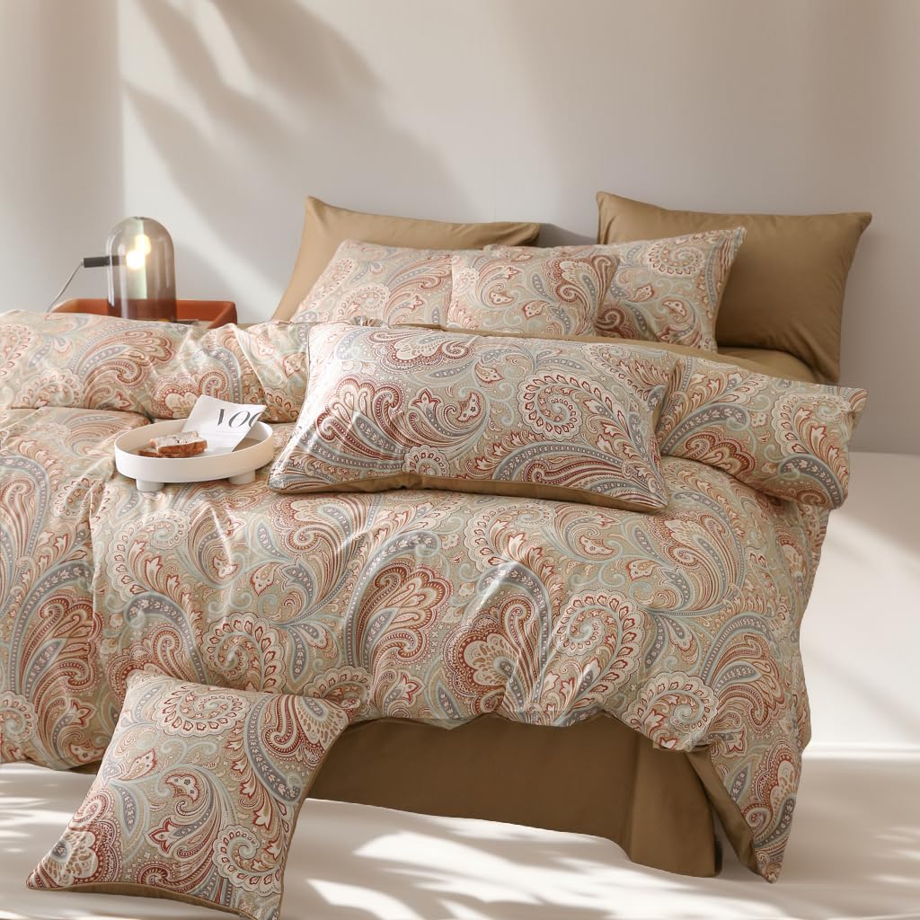 CamfortBliss Queen Duvet Cover Set Brown Paisley Bedding Set 100% Egyptian Cotton Breathable & Luxurious Duvet Covers with Button Closure, 3-Pieces 1 Duvet Cover & 2 Pillowcases