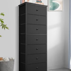 Tall Fabric Dresser for Bedroom, Vertical Storage Organizer Tower with 7 Drawers, Chest of Drawers with Bins, Steel Frame, Wood Top for Bedroom, Closet, Entryway Black