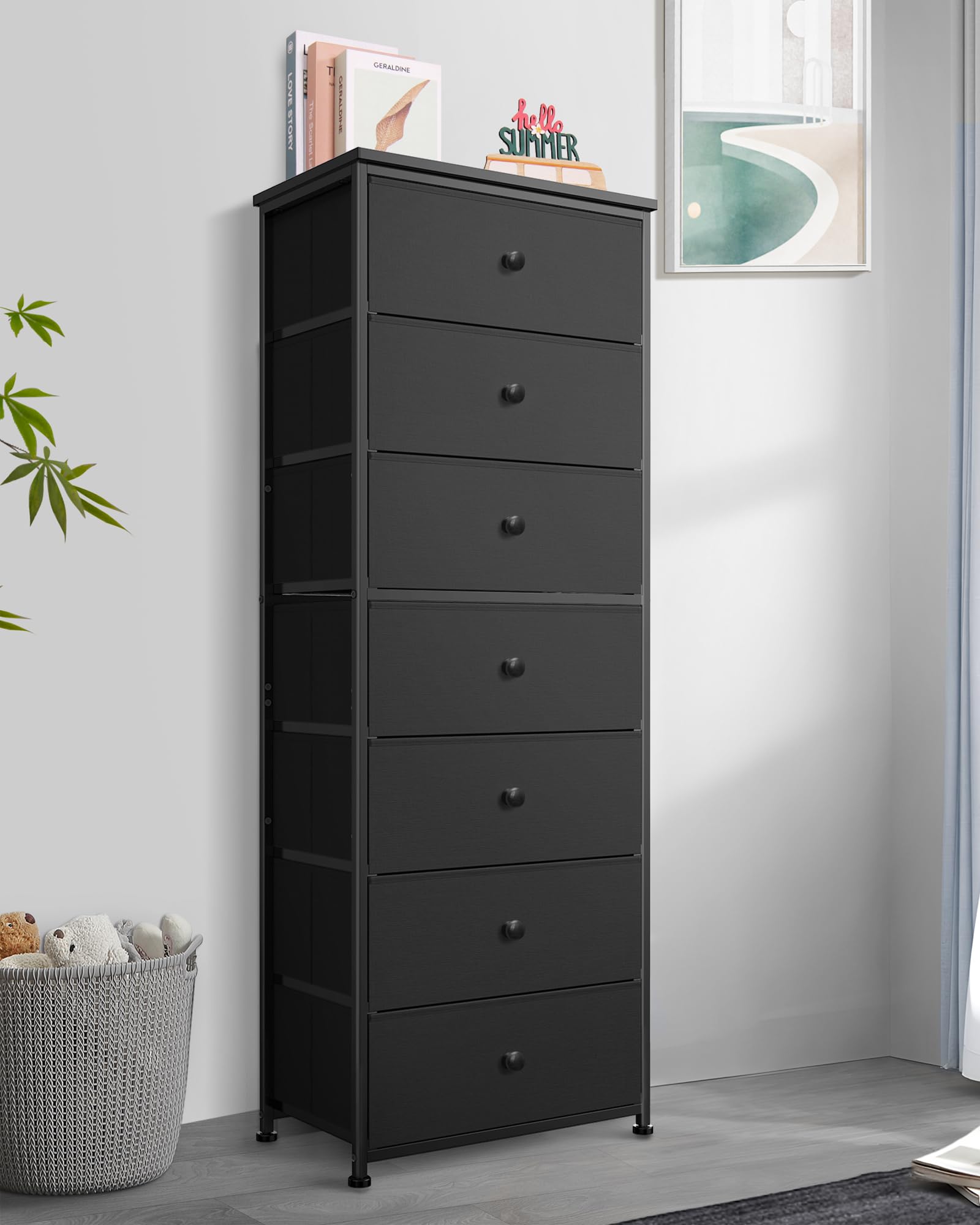 Tall Fabric Dresser for Bedroom, Vertical Storage Organizer Tower with 7 Drawers, Chest of Drawers with Bins, Steel Frame, Wood Top for Bedroom, Closet, Entryway Black