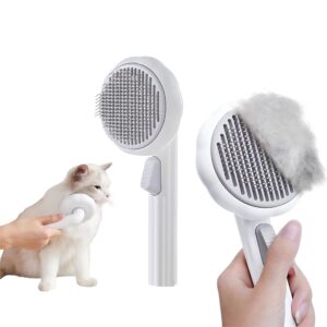 miss pary cat brush dog brush, designed to remove loose fur, tangles, mats with convenient release button feature, easly removal of trapped hair from brush, indoor cats dog hair grooming tool, white