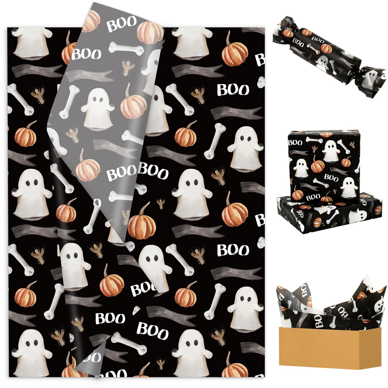 JarThenaAMCS 100 Sheet Halloween Tissue Paper Ghost Pumpkin Boo Wrapping Paper Cute Spooky Art Tissue for Birthday Trick or Treat DIY Crafts, 14 x 20 Inch