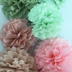 Tissue Paper Pom Poms Kit -Rose Pink and Sage Green Paper Flowers 12pieces for Gender Baby Shower Wedding Bridal Bachelorette Birthday Party Decorations (Green + Pink)