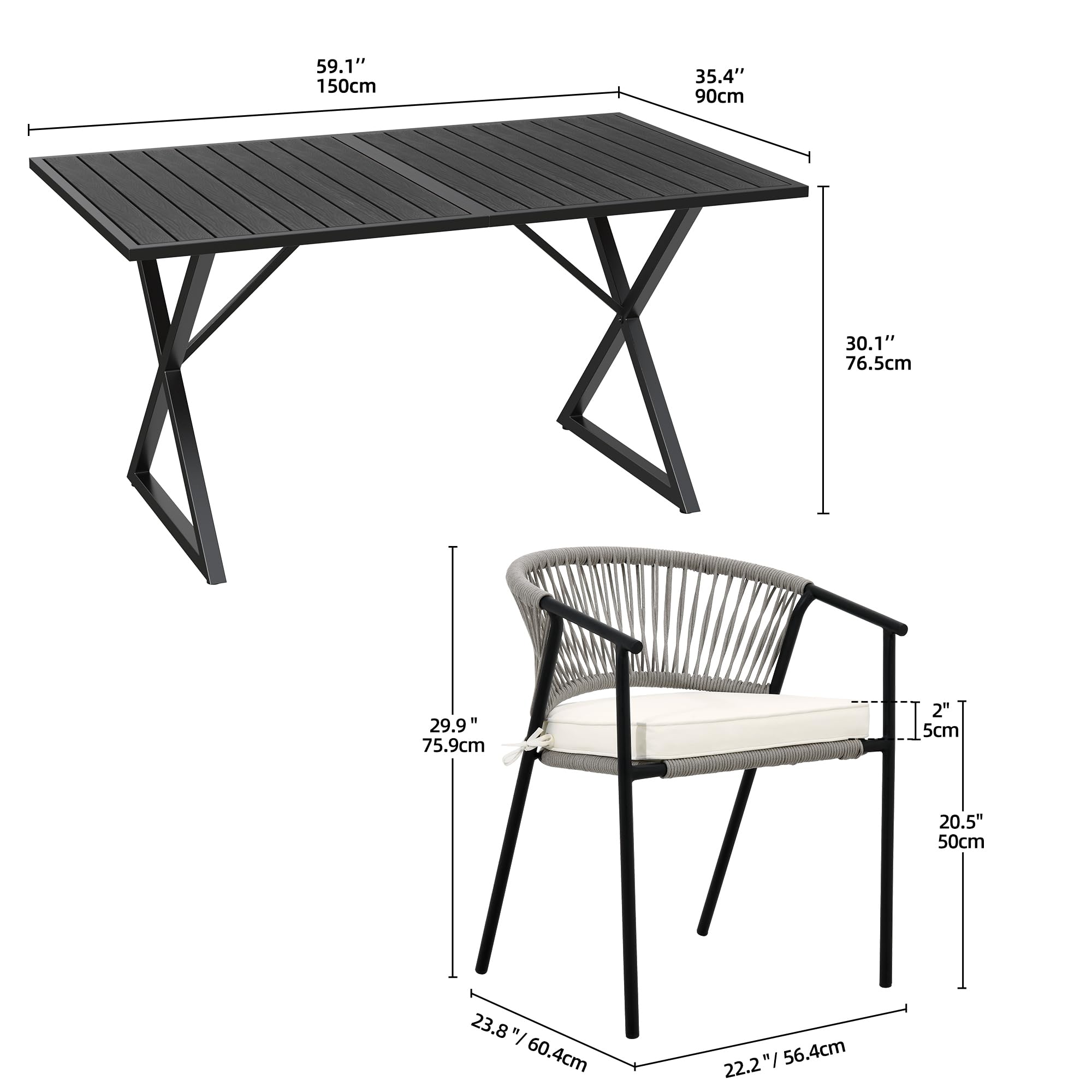 YITAHOME 5 Piece Patio Dining Set, Stackable Chairs with Comfortable Cushions, 59" Rectangle Tables with Metal Frame and Faux Wood Tabletop for Patio Balcony Porch Poolside Lawn Garden, Black & Beige