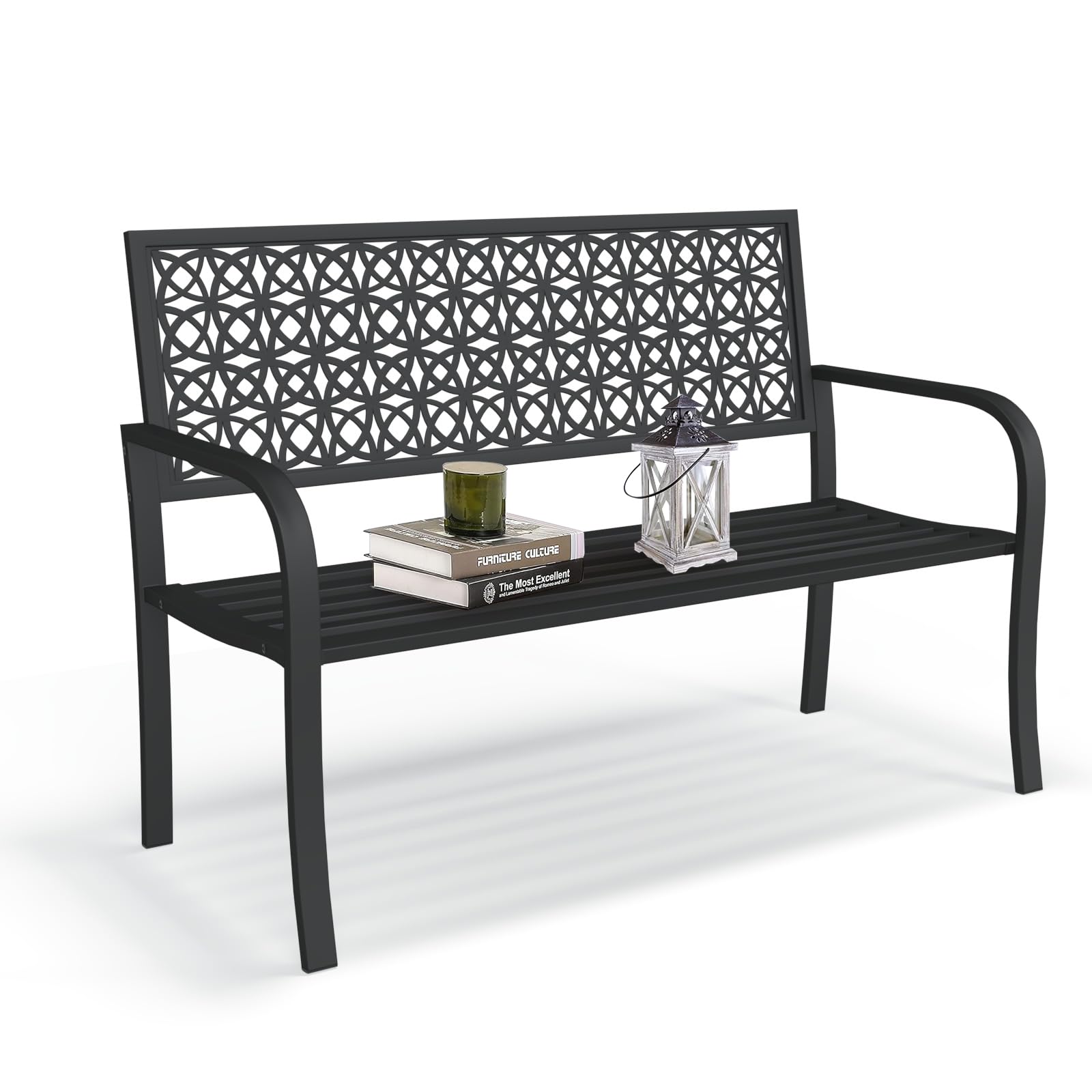 On Shine 50'' Patio Garden Bench Cast Iron Steel Outdoor Bench Clearance Weatherproof Metal Park Bench for Porch, Yard, Lawn, Deck(Black - Floral)