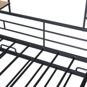 RUNNA Metal House Bed with Trundle, Built-in Shelf and Grid, Heavy Duty Metal Day Bed with Guardrail for Kids Boys Girls (Black, Twin)