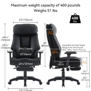 DJ·Wang Big and Tall Office Chair 400lbs, Executive Office Chair with Foot Rest, High Back Office Chair with Back Support, Oversized Office Chair for Heavy People, Leather Office Chair Black