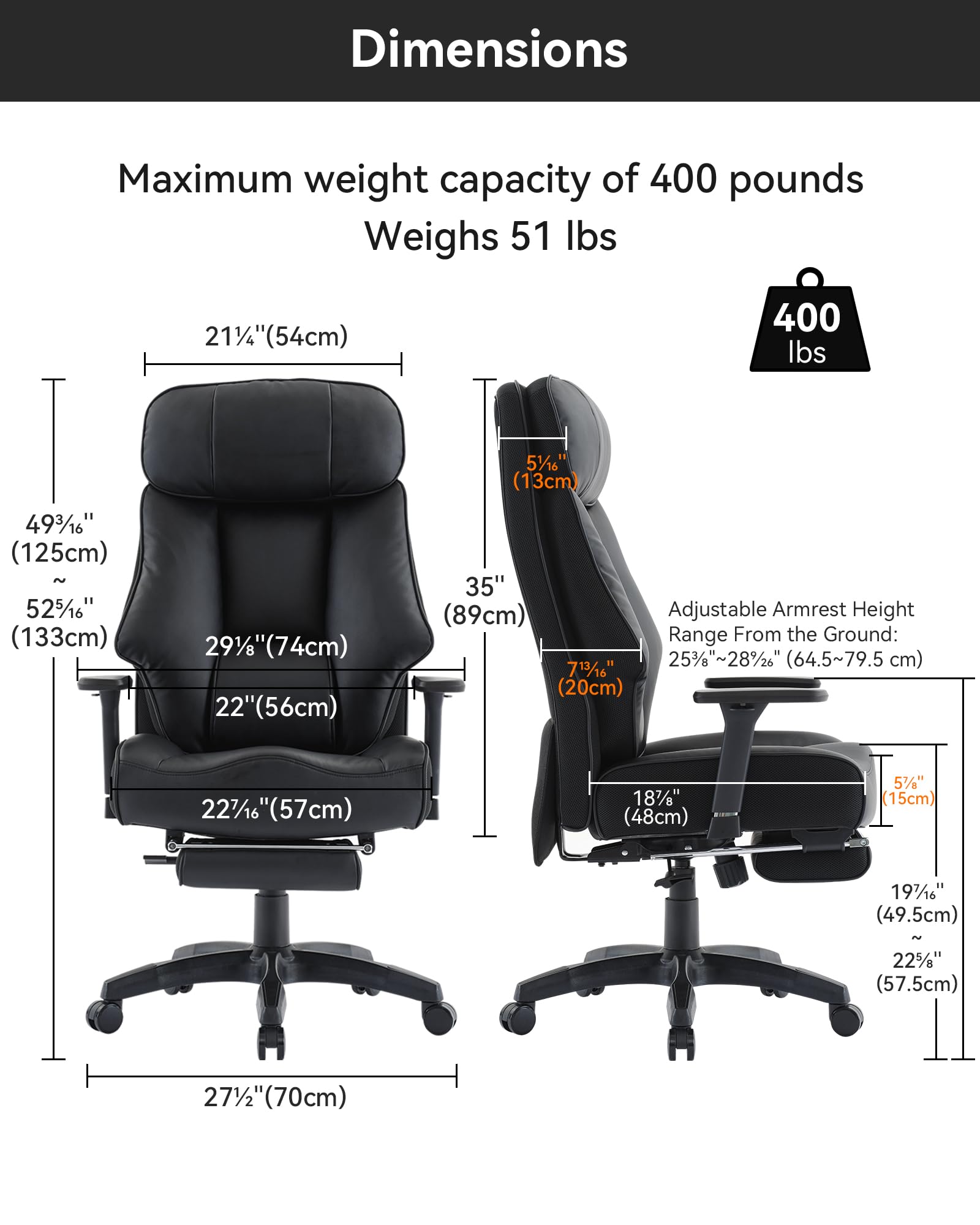 DJ·Wang Big and Tall Office Chair 400lbs, Executive Office Chair with Foot Rest, High Back Office Chair with Back Support, Oversized Office Chair for Heavy People, Leather Office Chair Black