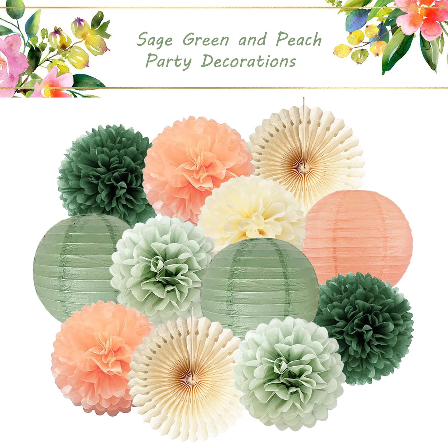 Sage Green and Peach Party Decorations Olive Green Sage Cream Peach Tissue Paper Pom Poms Lanterns Confetti Dots Scatter Table Decoration for Bridal Shower Wedding Engagement Birthday Party Decoration