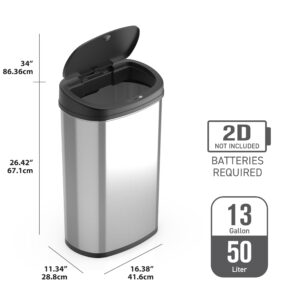 Ninestars 13 Gallons / 50 Liters Automatic Touchless Motion Sensor Rectangular Trash Can for Home and Kitchen with Lid, Slow Close Stainless Steel Garbage Bin