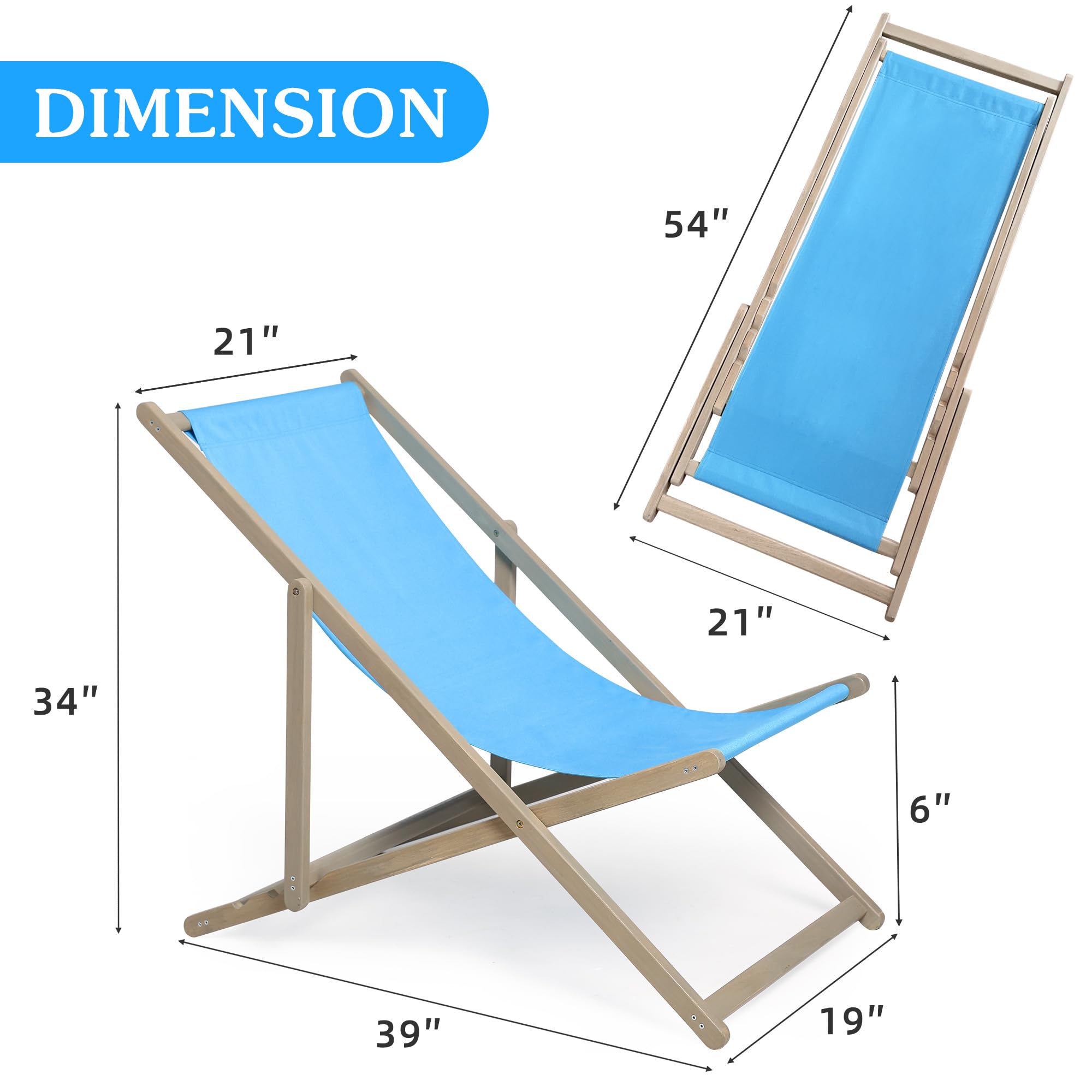 HarmoGZen Beach Sling Patio Chair Set of 2,Wooden Folding Outdoor Chairs for Outside 3 Level Height Adjustable, Portable Reclining Beach Chair