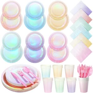 iridescent pastel plates and napkins serve 25, pastel rainbow holographic party plates supplies, disposable paper plates napkins cups knives forks for birthday wedding baby shower party decorations