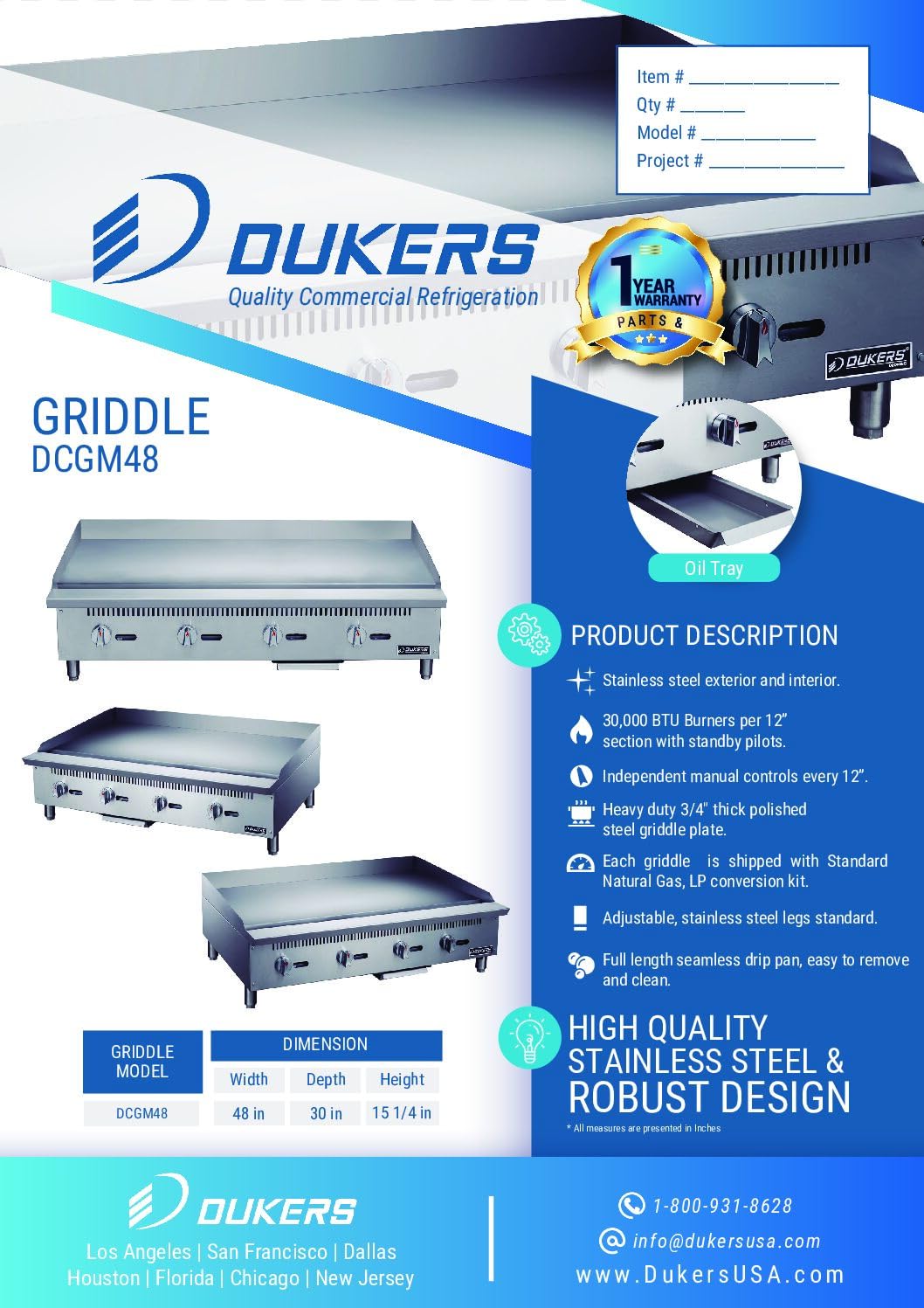 Dukers DCGM48 48 Inch Commercial Gas Griddle with 4 Burners Natural Gas/Liquid Propane