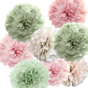 Tissue Paper Pom Poms Kit -Rose Pink and Sage Green Paper Flowers 12pieces for Gender Baby Shower Wedding Bridal Bachelorette Birthday Party Decorations (Green + Pink)