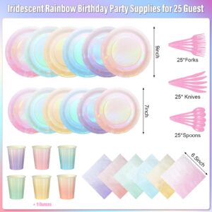 Iridescent Pastel Plates and Napkins Serve 25, Pastel Rainbow Holographic Party Plates Supplies, Disposable Paper Plates Napkins Cups Knives Forks for Birthday Wedding Baby Shower Party Decorations