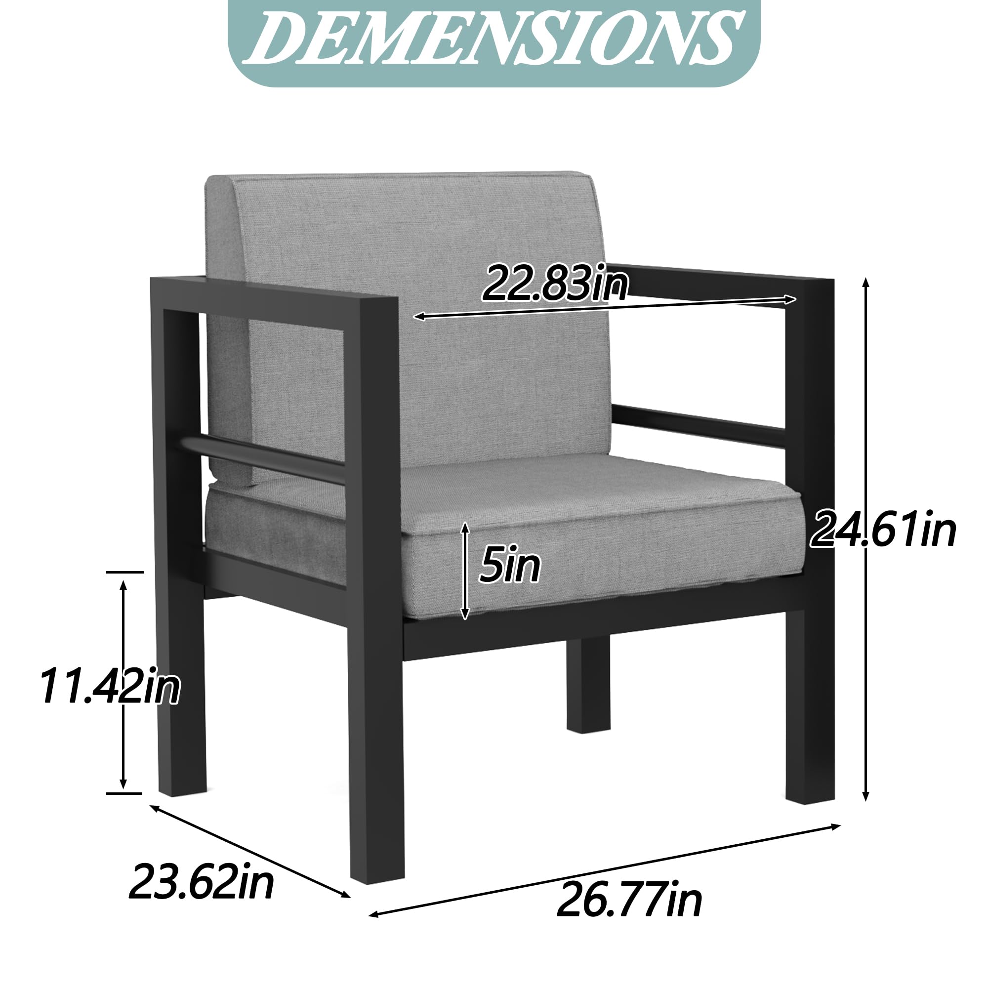 Aluminum Patio Furniture Set, 5 Pieces Modern Outdoor Conversation Set with Loveseat, Outdoor Sectional Sofa Set with Waterproof Upgrade Cushion and Coffee Table for Backyard, Lawn (2 Single chairs)