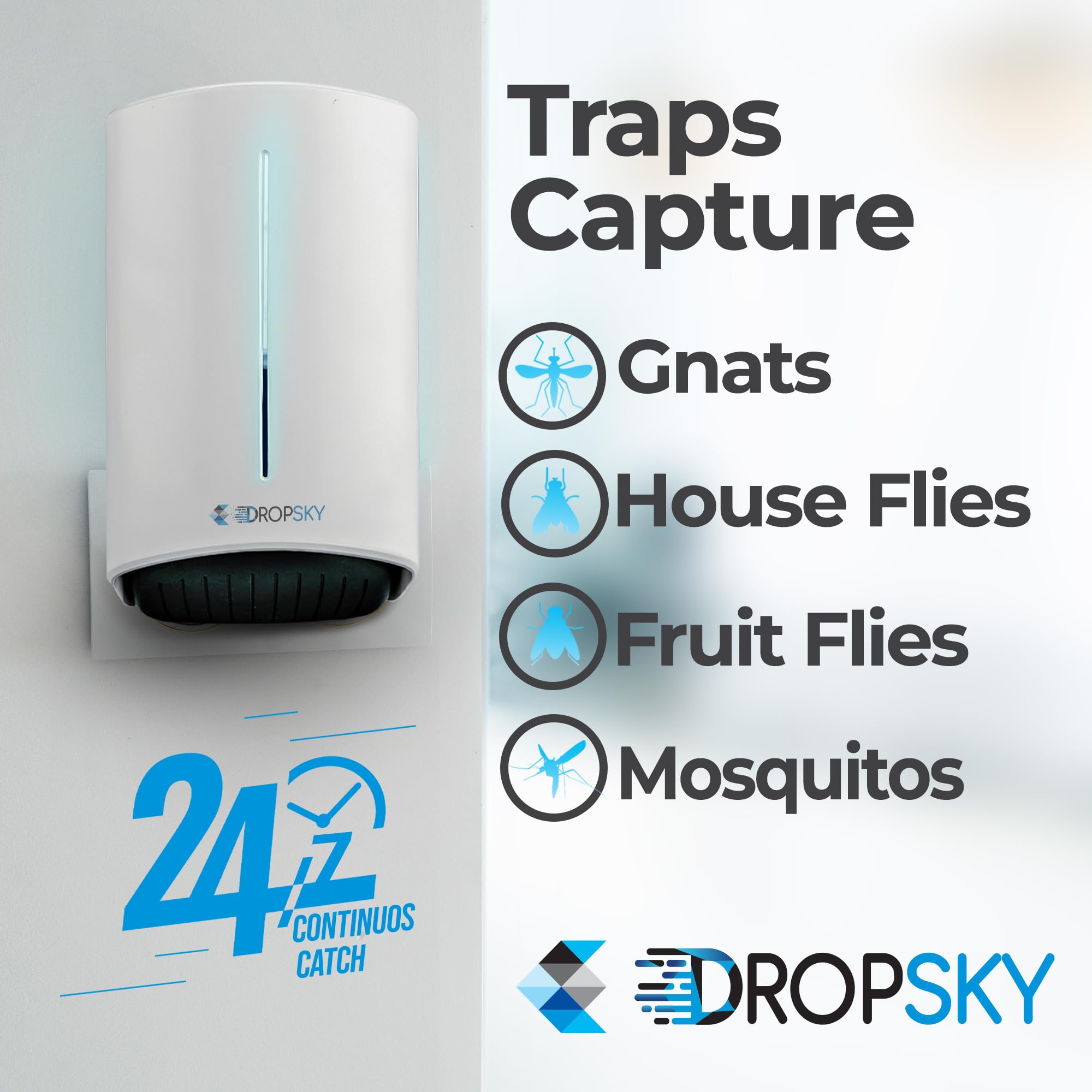 Dropsky Kit Indoor Flying Insect Trap - Plug-in Bug Light Trap for Fruit Flies, Gnats and Houseflies - Odorless and Mess Free (1 Big Trap + 2 Small Traps + 4 Glue Cards)