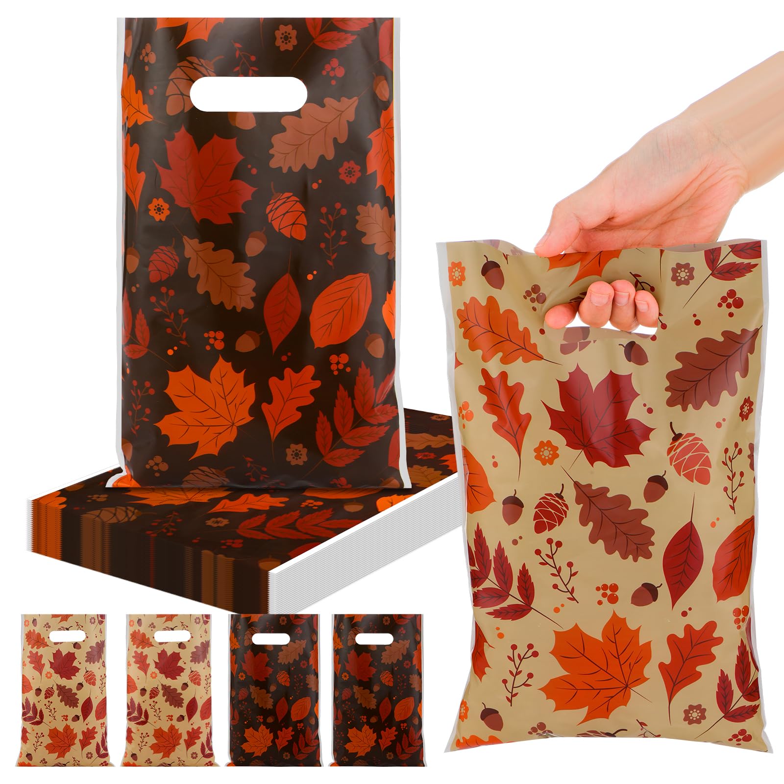 ReliThick 150 Pcs Fall Party Favor Bags Bulk Maple Leaves Goody Bags Autumn Treat Bags with Handles for Fall Thanksgiving Theme Party Favor Supplies