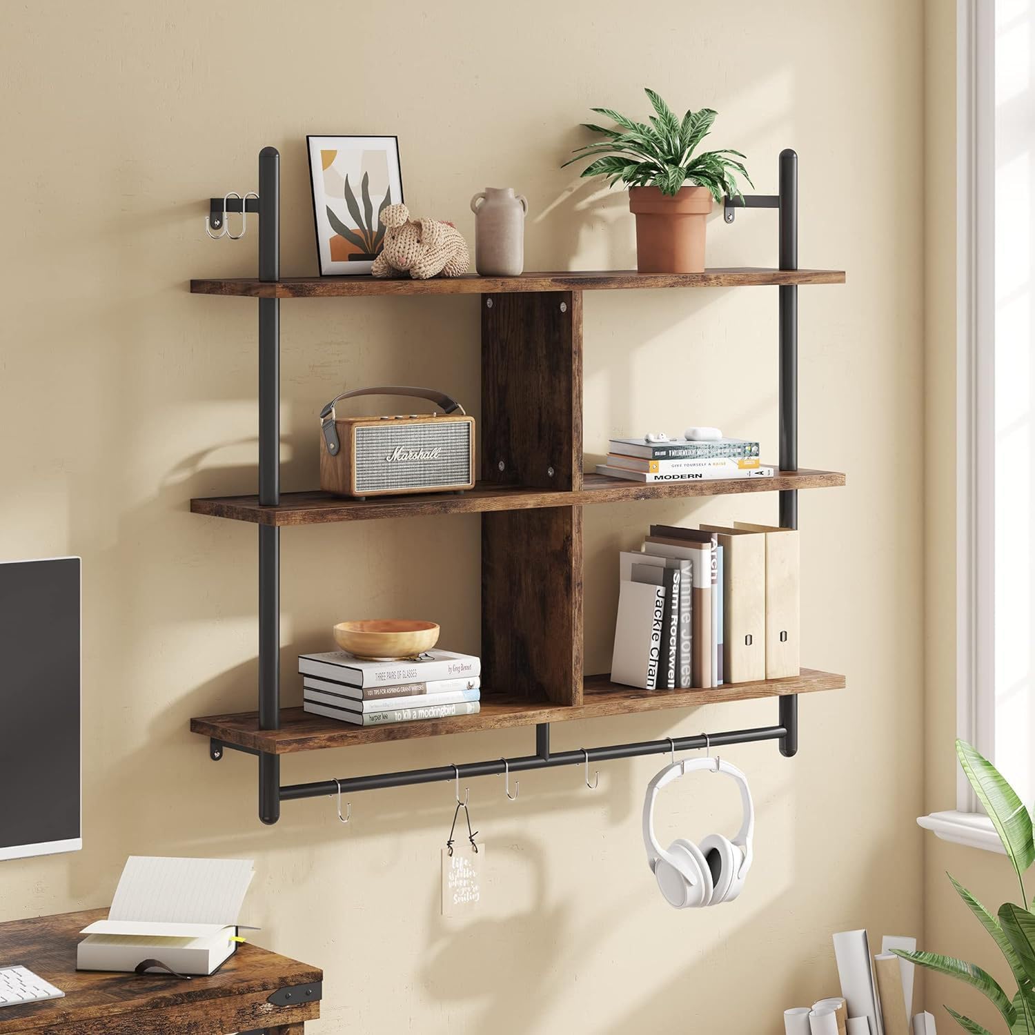 HOLMZCED 3 Tiers Wood Floating Shelving with Hooks, Industrial Wall Mounted Shelf Modern Wall Shelves Hanging Vintage Display Storage Shelf for Living Room Bathroom Bedroom Kitchen Coffee Bar