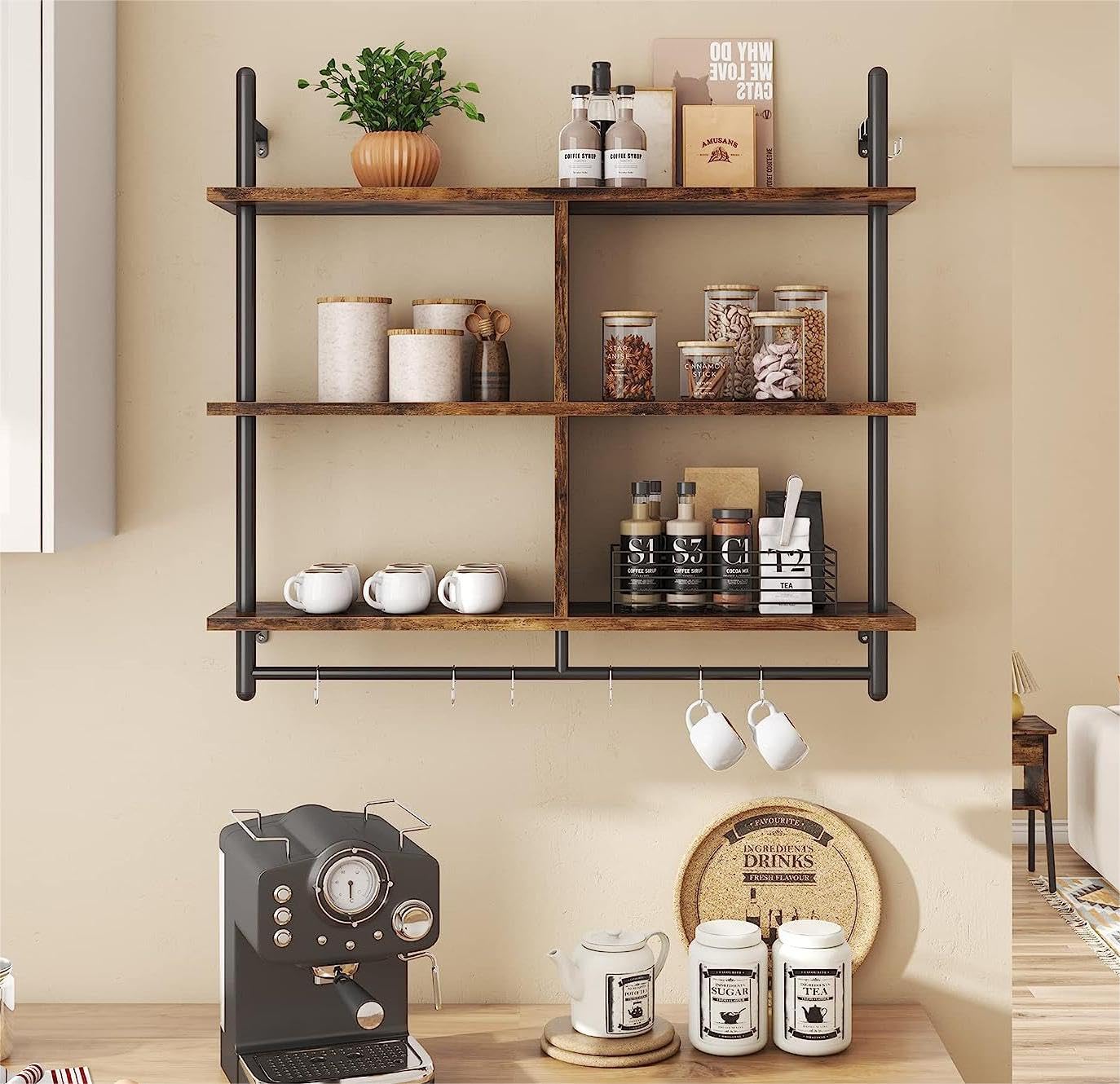 HOLMZCED 3 Tiers Wood Floating Shelving with Hooks, Industrial Wall Mounted Shelf Modern Wall Shelves Hanging Vintage Display Storage Shelf for Living Room Bathroom Bedroom Kitchen Coffee Bar