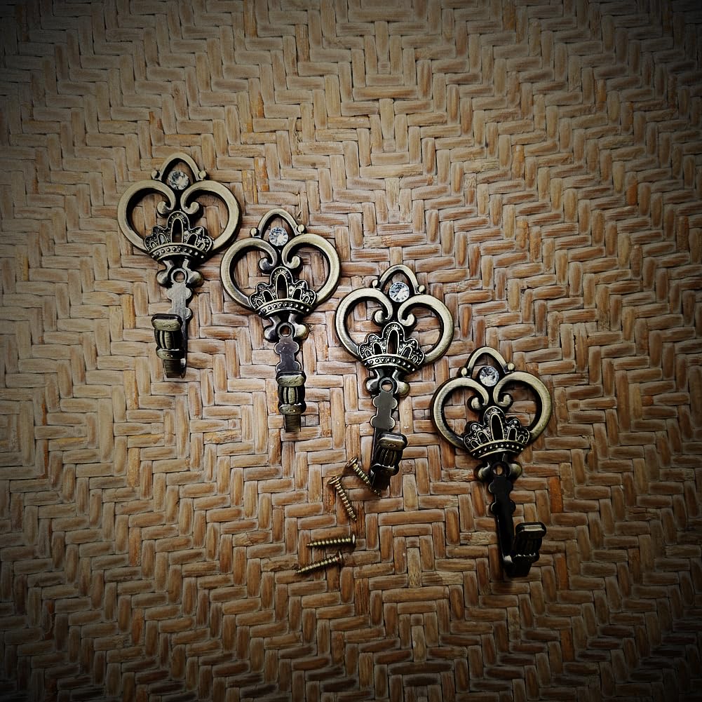 OAIDVEUY Zinc Alloy Key Shaped Decor Wall Hooks - 4 Pcs,Coat Hooks Key Hooks Holder Towel Hooks Coat Rack Hat Hooks - Bronze Finish