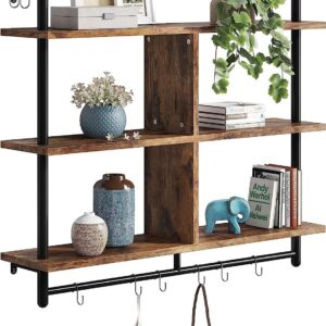 HOLMZCED 3 Tiers Wood Floating Shelving with Hooks, Industrial Wall Mounted Shelf Modern Wall Shelves Hanging Vintage Display Storage Shelf for Living Room Bathroom Bedroom Kitchen Coffee Bar