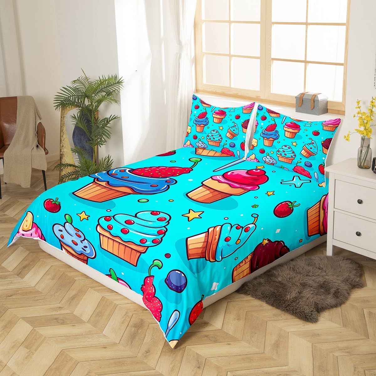 Feelyou Kids Cake Duvet Cover Strawberry Fruit Cake Bedding Set for Boys Girls Food Modern Art Comforter Cover Twin Size Bedspread Cover