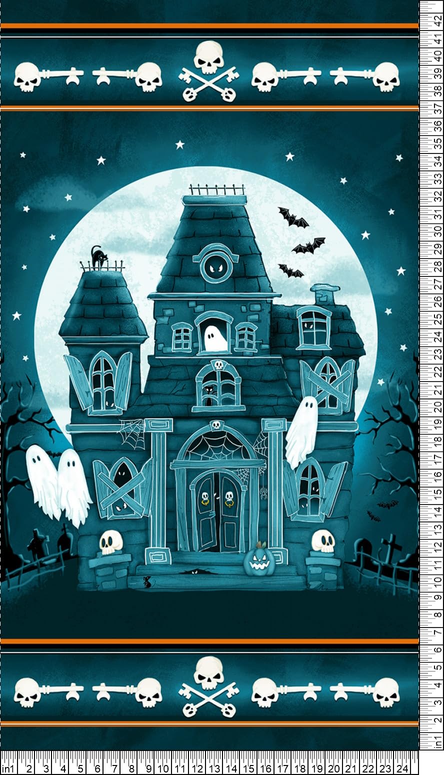 Henry Glass Welcome Foolish Mortals 24.5" Haunted House Panel Glow in The Dark Dark Teal, Fabric by The Panel