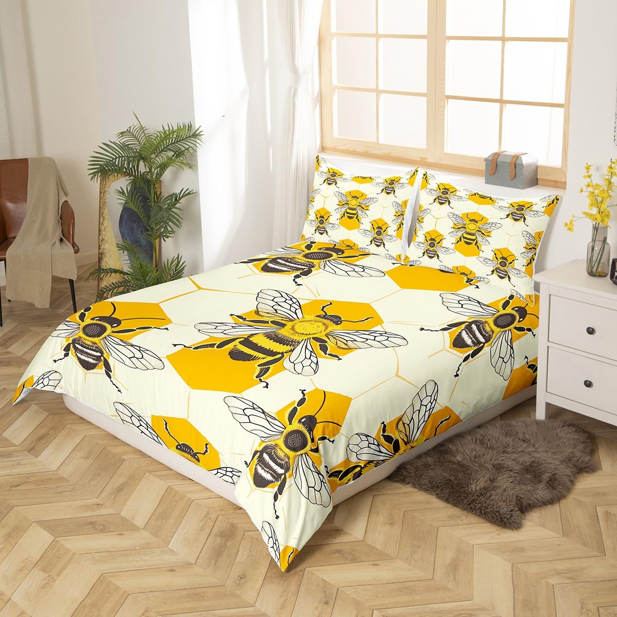 Feelyou Animal Bee Bedding Set Geometric Honeycomb Duvet Cover for Kids Boys Girls Animal Bee Comforter Cover Twin Size Bedspread Cover