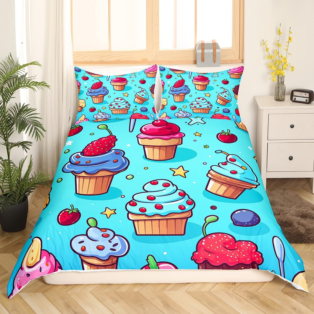 Feelyou Kids Cake Duvet Cover Strawberry Fruit Cake Bedding Set for Boys Girls Food Modern Art Comforter Cover Twin Size Bedspread Cover