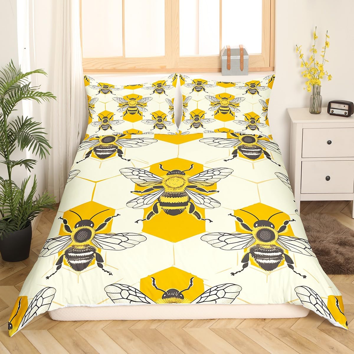 Feelyou Animal Bee Bedding Set Geometric Honeycomb Duvet Cover for Kids Boys Girls Animal Bee Comforter Cover Twin Size Bedspread Cover