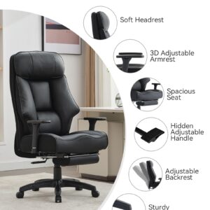 DJ·Wang Big and Tall Office Chair 400lbs, Executive Office Chair with Foot Rest, High Back Office Chair with Back Support, Oversized Office Chair for Heavy People, Leather Office Chair Black