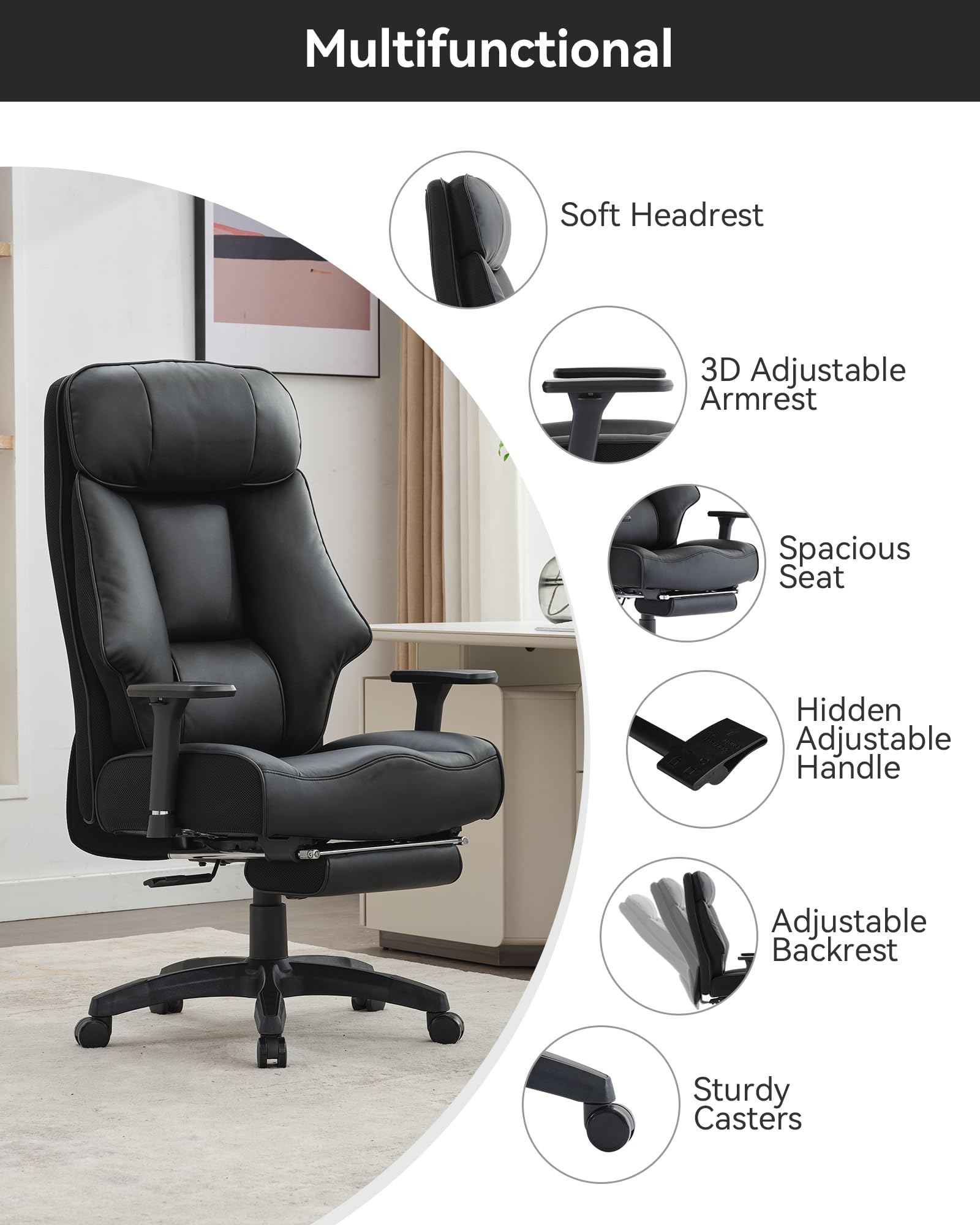 DJ·Wang Big and Tall Office Chair 400lbs, Executive Office Chair with Foot Rest, High Back Office Chair with Back Support, Oversized Office Chair for Heavy People, Leather Office Chair Black