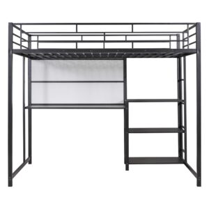 Full Size Loft Bed with Desk and Storage Shelves, Metal Loft Bed Full Size with Whiteboard and 3-Tier Shelves, Full Size Loft Bed for Kids, Teens (Black Full)