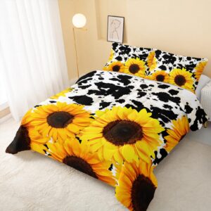 QOOMO Sunflower Comforter Set，Animal Print for Boys Girls Kids Teen Room Decor，Cow Print Bedding Sets, Wildlife 3Pcs Kids Bedding Set Full Size 1 Comforter & 2 Pillowcases