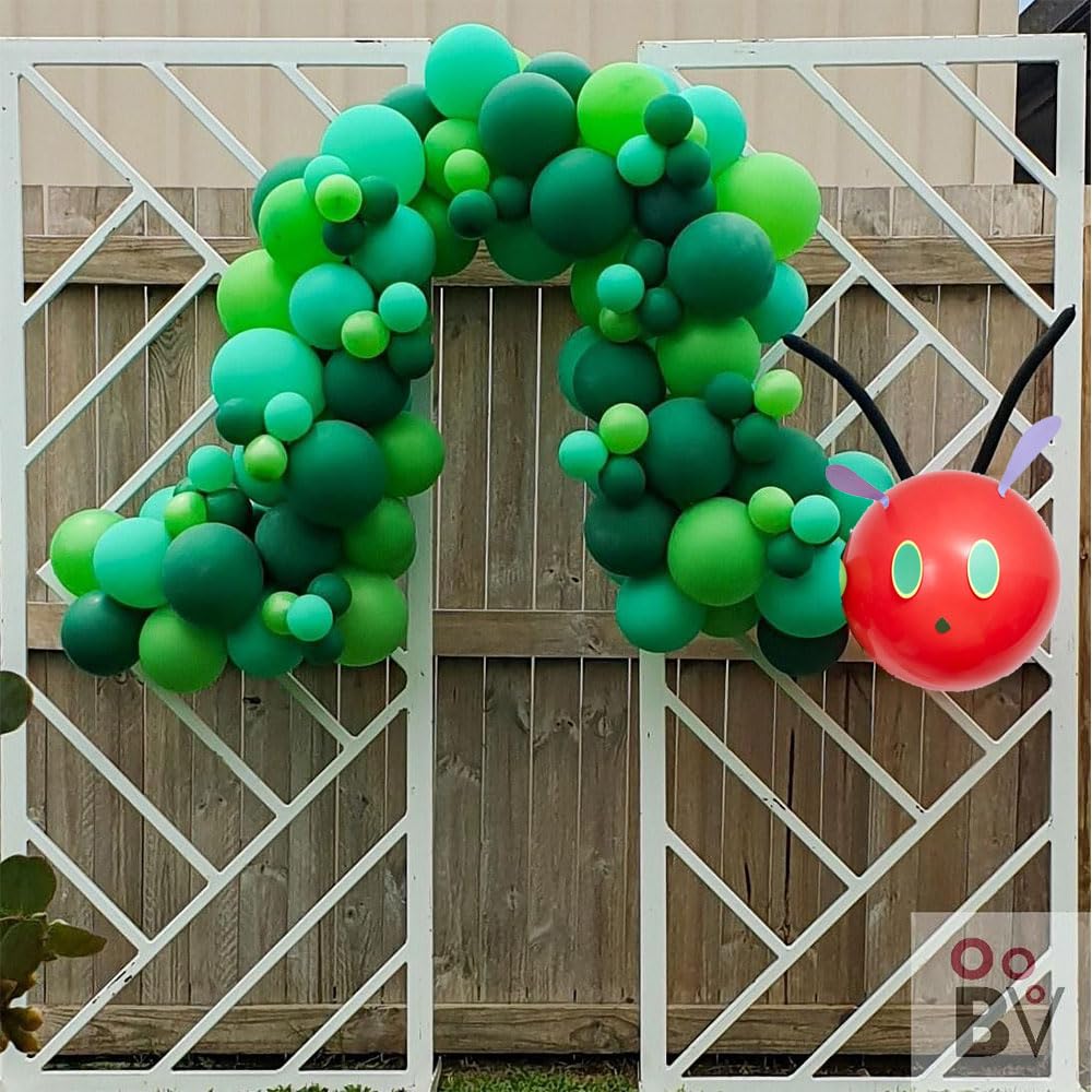 146Pcs Green Caterpillar Balloon Garland Kit, DIY Caterpillar and Fruit Birthday Balloon Arch with Dark Green, Fruit Green, Red Balloons for Hungry Caterpillar Theme Party,First Birthday Baby Shower