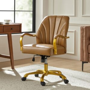 hulala home camel leather office chair with gold legs, swivel desk chair with padded seat and armrests, adjustable height task chair