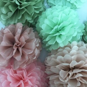 Tissue Paper Pom Poms Kit -Rose Pink and Sage Green Paper Flowers 12pieces for Gender Baby Shower Wedding Bridal Bachelorette Birthday Party Decorations (Green + Pink)