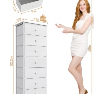 Tall Fabric Dresser for Bedroom, Vertical Storage Organizer Tower with 7 Drawers, Chest of Drawers with Bins, Steel Frame, Wood Top for Bedroom, Closet, Entryway White