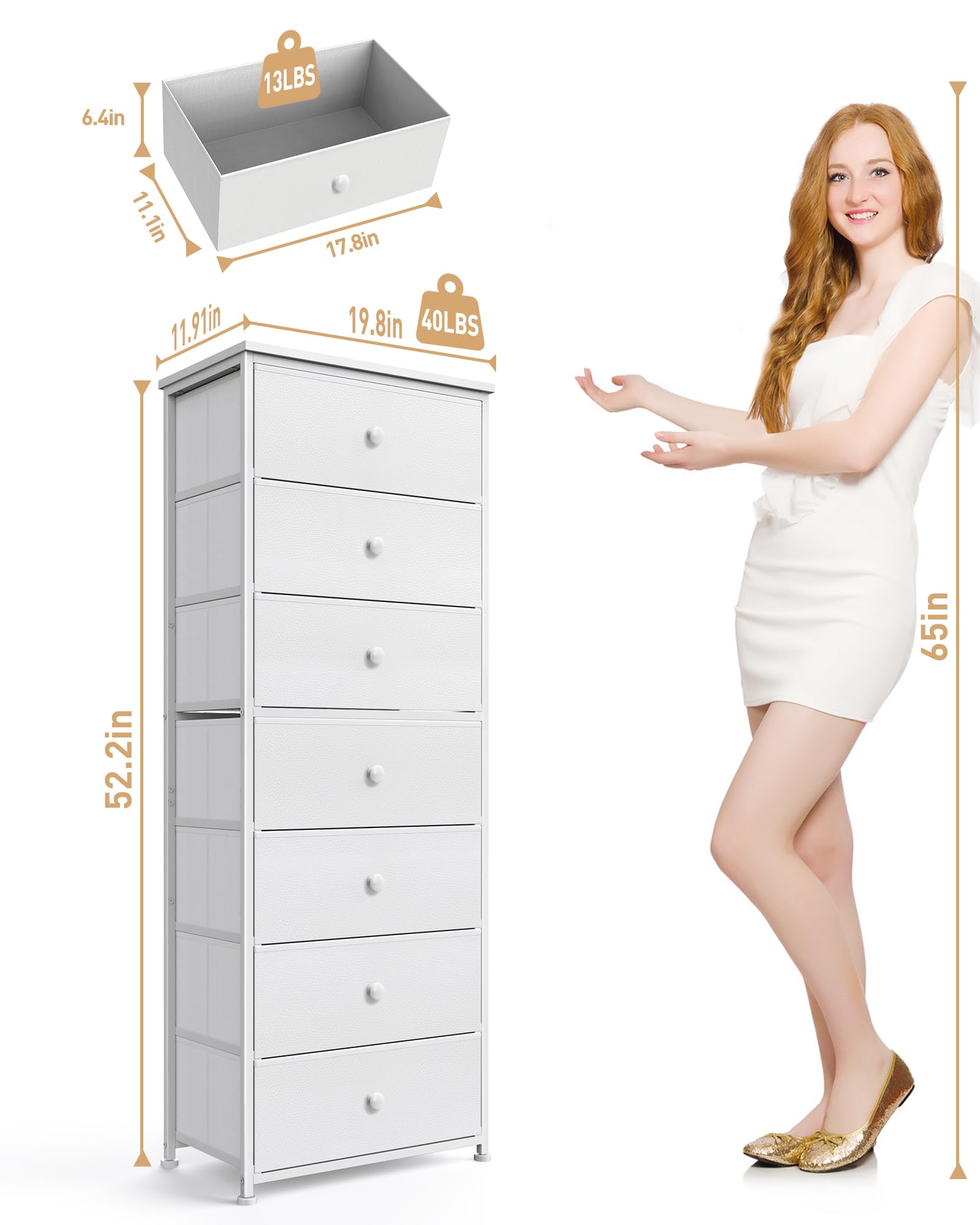 Tall Fabric Dresser for Bedroom, Vertical Storage Organizer Tower with 7 Drawers, Chest of Drawers with Bins, Steel Frame, Wood Top for Bedroom, Closet, Entryway White