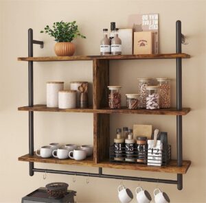 holmzced 3 tiers wood floating shelving with hooks, industrial wall mounted shelf modern wall shelves hanging vintage display storage shelf for living room bathroom bedroom kitchen coffee bar