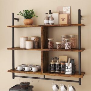 HOLMZCED 3 Tiers Wood Floating Shelving with Hooks, Industrial Wall Mounted Shelf Modern Wall Shelves Hanging Vintage Display Storage Shelf for Living Room Bathroom Bedroom Kitchen Coffee Bar