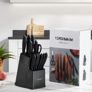 Knife Block Set, FOHERE 13 Pcs Self Sharpening Knife Set, High Carbon Stainless Steel BO Oxidation Knife Set with Anti-slip Handle, Dishwasher Safe, Matte Gray