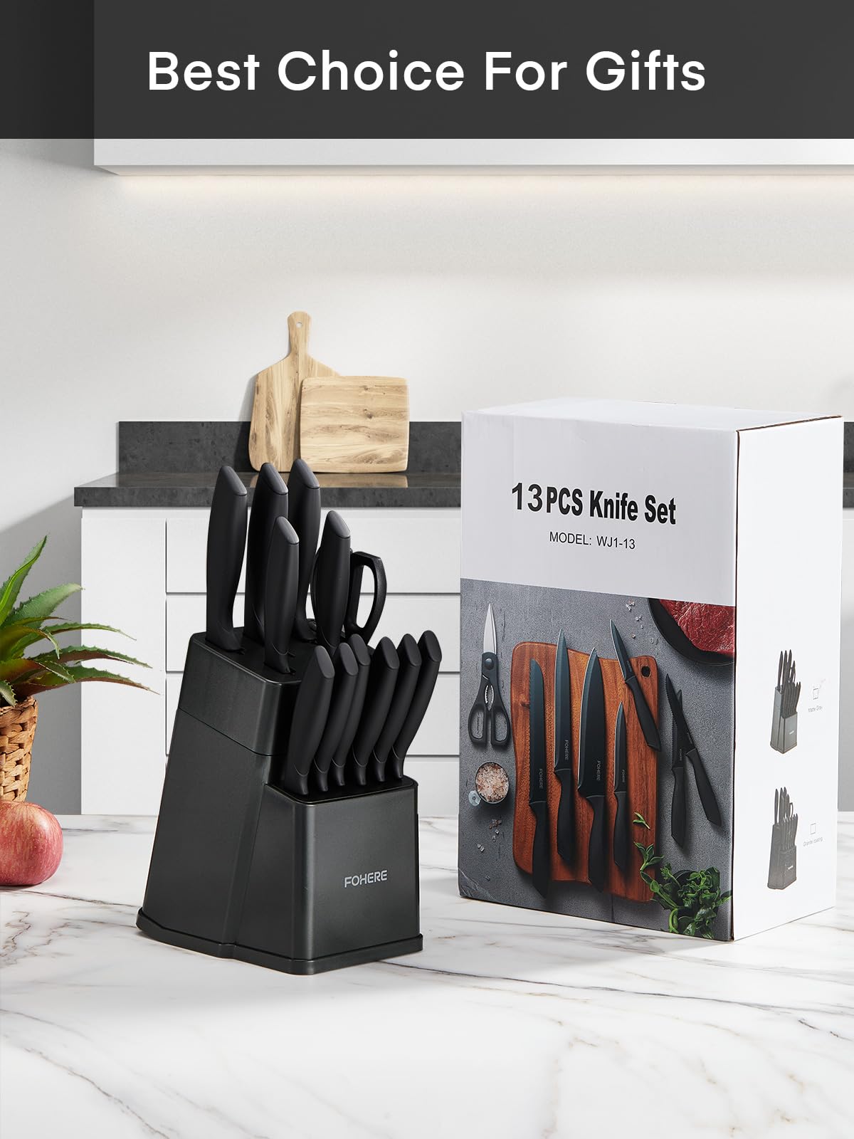 Knife Block Set, FOHERE 13 Pcs Self Sharpening Knife Set, High Carbon Stainless Steel BO Oxidation Knife Set with Anti-slip Handle, Dishwasher Safe, Matte Gray