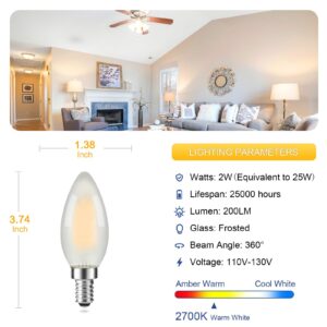 Candelabra LED Light Bulbs 25W Equivalent, E12 Base, 2700K Soft Warm White, Frosted E12 LED Bulb Dimmable, B11 Chandelier Light Bulbs, 2W, 200LM, Candle Light Bulbs, 4 Pack