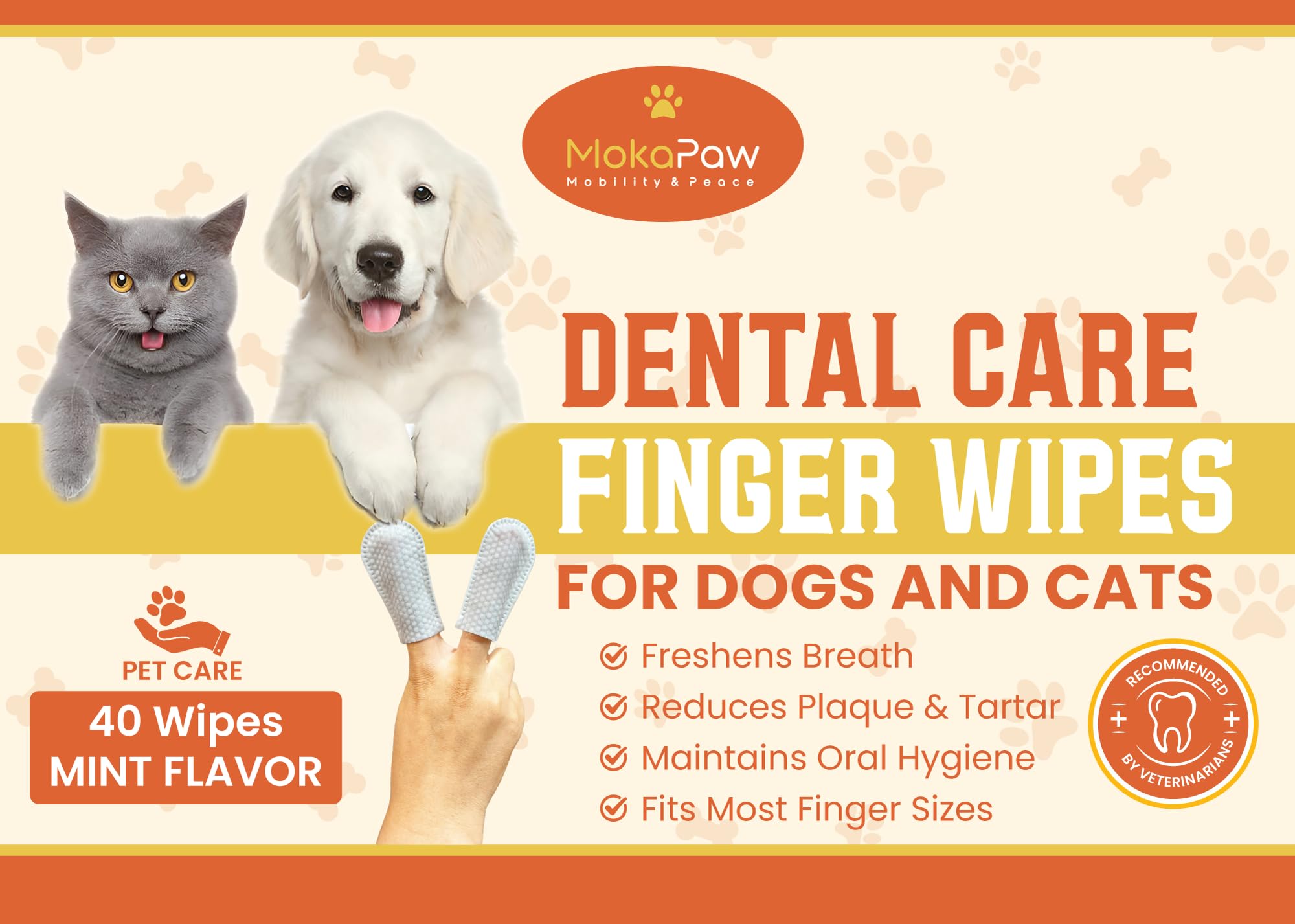 MokaPaw Dog Teeth Cleaning Wipes - Dog Tooth Wipes - Dental Wipes for Dogs Teeth - Cat Teeth Cleaning Wipes - Dog Teeth Wipes - Pet Dental Finger Wipes for Dogs and Cats - 40 Count