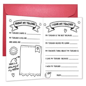 teacher thank you card with envelope, teacher appreciation gift, kids fill in blanks coloring page, teacher card from school kids