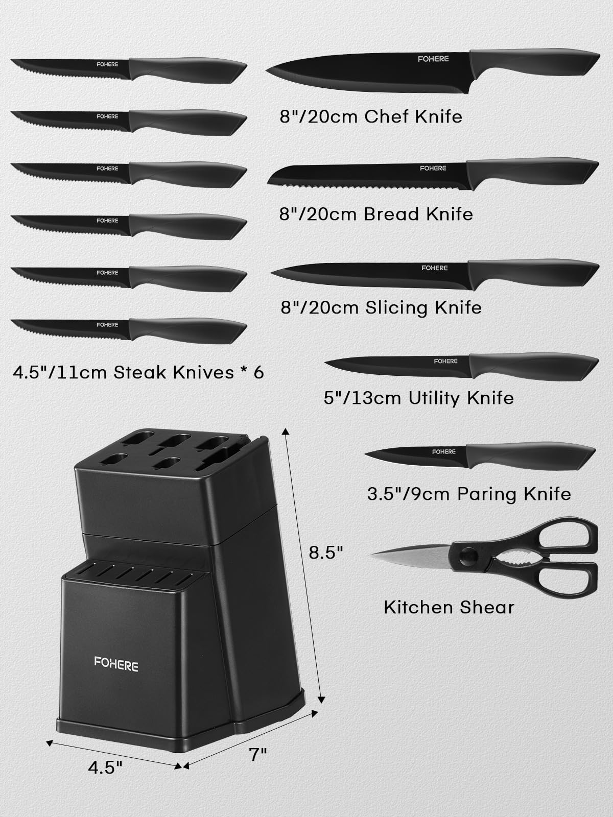 Knife Block Set, FOHERE 13 Pcs Self Sharpening Knife Set, High Carbon Stainless Steel BO Oxidation Knife Set with Anti-slip Handle, Dishwasher Safe, Matte Gray