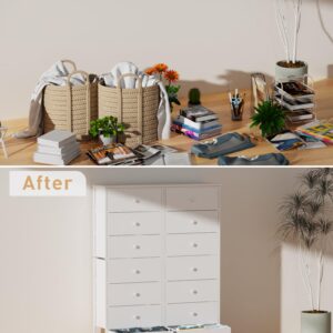 Tall Fabric Dresser for Bedroom, Vertical Storage Organizer Tower with 7 Drawers, Chest of Drawers with Bins, Steel Frame, Wood Top for Bedroom, Closet, Entryway White