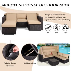 Grepatio Rattan Furniture Daybed with Canopy 6 Pieces Outdoor Day Bed Wicker Sectional Sofa Set Patio Furniture Set with Adjustable Backrest and Cushions Storage Table (6 Pieces Khaki Without Tape)