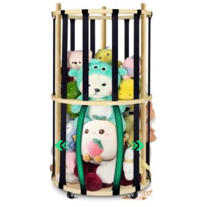 stuffed animal organizer, toy organizer cage with wider elastic band for small medium large plush holder, round wooden storage bins for boys girls, nursery play room